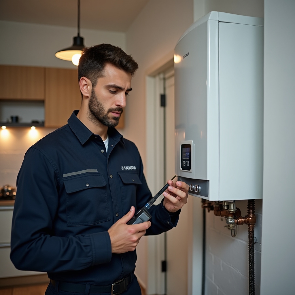 Мастер проводит диагностику газового котла в квартире